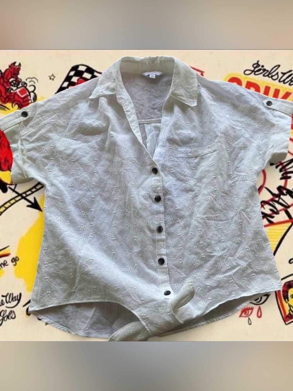 Candie's Women’s White Eyelet Button-Front Cotton Shirt Retro Pinup Sz XS
